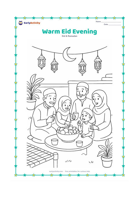 Colouring page: Children and adults sit together under string lanterns in a home courtyard after Eid prayer, sharing fruit and cups around a low table. Include potted plants, a woven charpai and a…