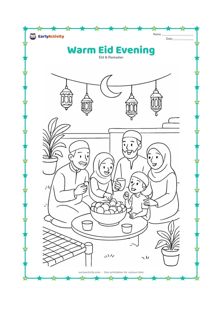 Colouring page: Children and adults sit together under string lanterns in a home courtyard after Eid prayer, sharing fruit and cups around a low table. Include potted plants, a woven charpai and a…