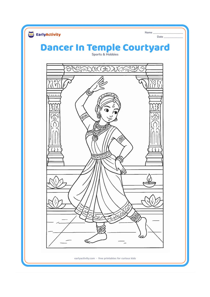 Colouring page: Draw one dancer performing a poised classical-inspired movement in an Indian temple courtyard, with carved pillars, steps, lotus decorations and a small oil lamp. Show one hand gesture,…
