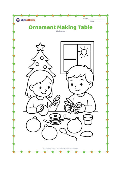 Colouring page: Two children sit at a table making paper ornaments, with blank circular ornaments, ribbons, child-safe scissors and a glue pot spread across the table. Show a small tree and a sunny…