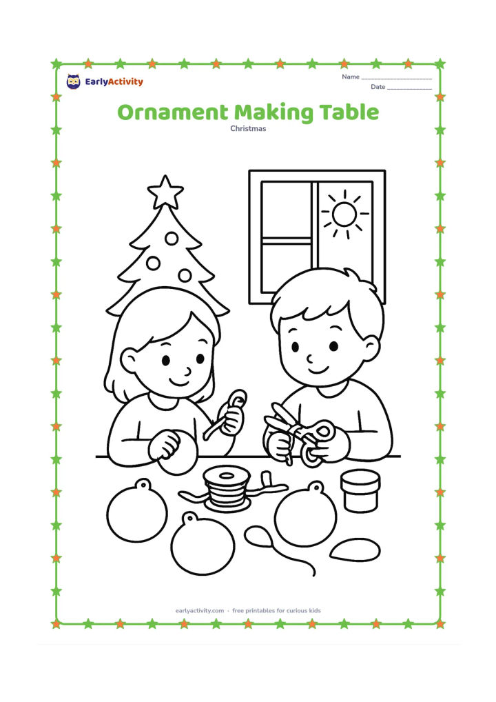 Colouring page: Two children sit at a table making paper ornaments, with blank circular ornaments, ribbons, child-safe scissors and a glue pot spread across the table. Show a small tree and a sunny…