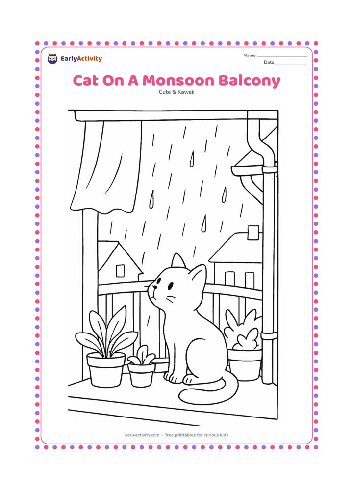 Colouring page: A curious cat sits on a covered balcony watching rain fall over potted plants and neighbouring rooftops. Add a hanging cloth, a drainpipe and several broad raindrop lines.
