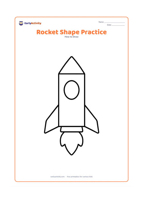Worksheet: A simple upright rocket made from a rectangle body, triangle nose, oval window, triangular fins and a rounded flame below. Arrange the rocket with generous empty space around it and no…