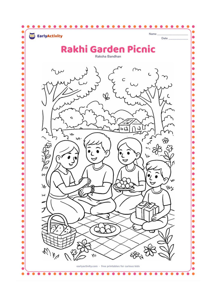 Colouring page: Several siblings celebrate a rakhi picnic in a garden, with one child tying a rakhi while others share sweets and gifts. Include a picnic cloth, basket, flowering plants, butterflies,…