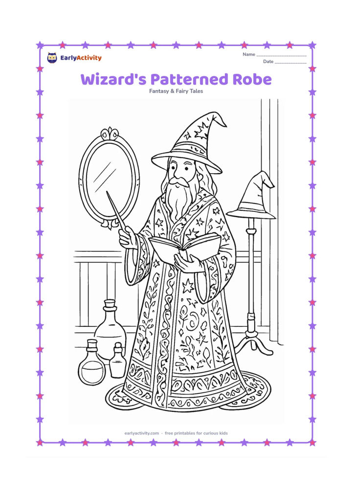 Colouring page: A standing wizard displays a long flowing robe covered with varied geometric borders, stars and leaf motifs, while holding a wand and open blank spell book. Place an ornate mirror, a hat…