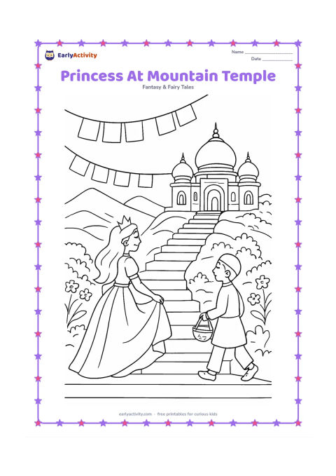 Colouring page: Draw a princess climbing broad steps toward a peaceful Indian-inspired hilltop temple with domes and carved arches. Include prayer flags without symbols, mountain terraces, flowering…