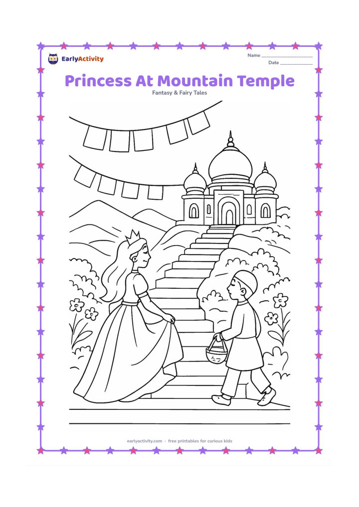 Colouring page: Draw a princess climbing broad steps toward a peaceful Indian-inspired hilltop temple with domes and carved arches. Include prayer flags without symbols, mountain terraces, flowering…