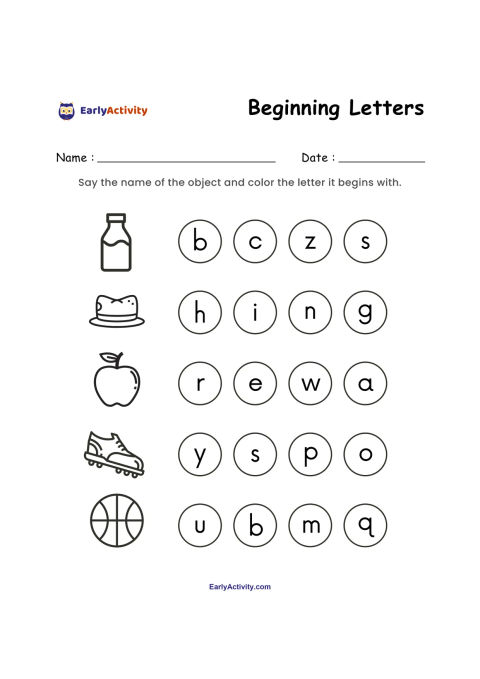 Worksheet showing a bottle, hat, apple, skate, and basketball with four letter choices beside each picture.