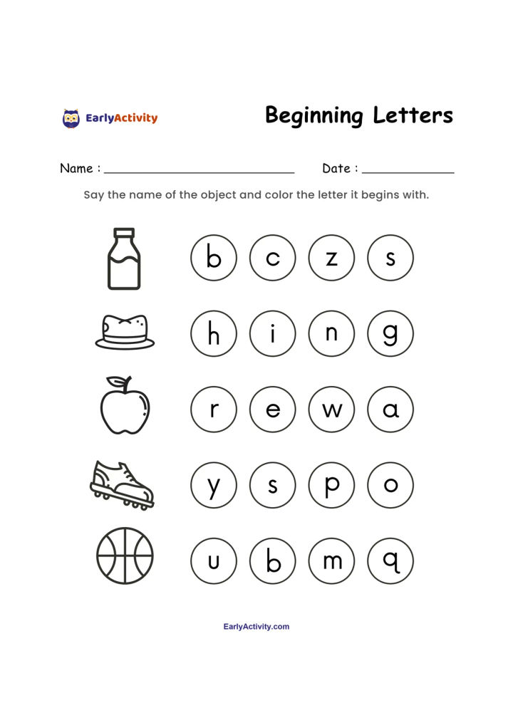 Worksheet showing a bottle, hat, apple, skate, and basketball with four letter choices beside each picture.