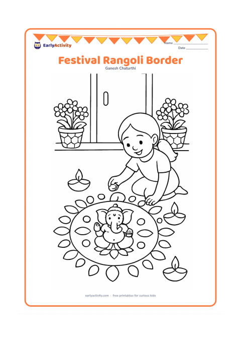 Colouring page: A child completes a simple rangoli around a central Ganesha idol, using broad petals, circles, leaves and diya shapes. Show a doorway and two flower baskets behind the child.