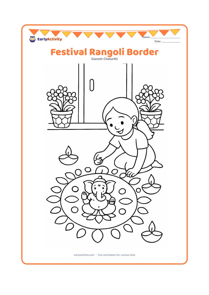 Colouring page: A child completes a simple rangoli around a central Ganesha idol, using broad petals, circles, leaves and diya shapes. Show a doorway and two flower baskets behind the child.