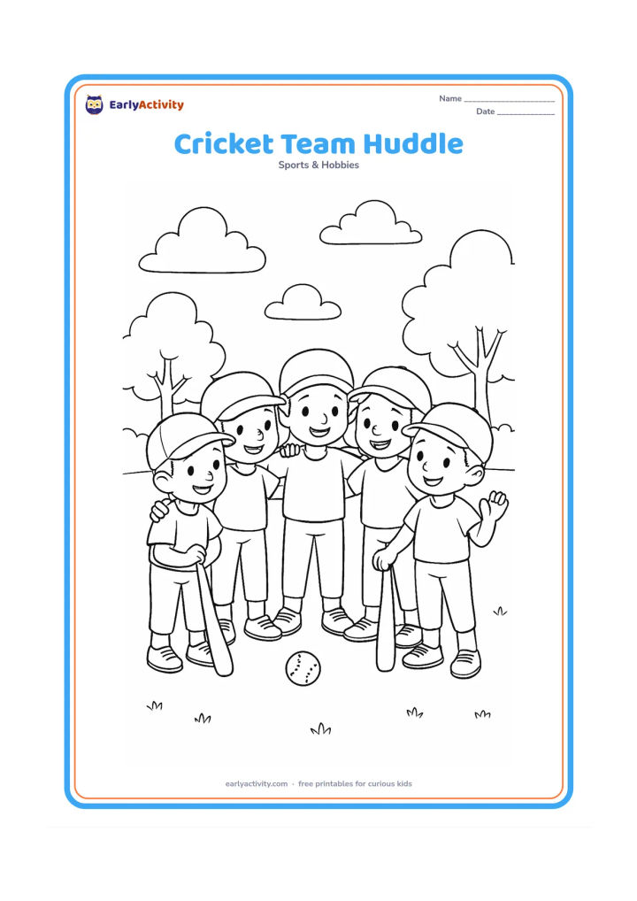 Colouring page: Five friendly young players standing in a small team huddle with bats and one ball nearby. Place them on a field with a few trees and soft clouds.