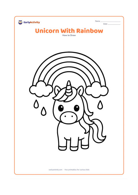 Worksheet: A front-facing unicorn standing beneath a broad simple rainbow, with large eyes, a small horn, rounded body and flowing mane. Add two clouds and a few large raindrops around the rainbow…