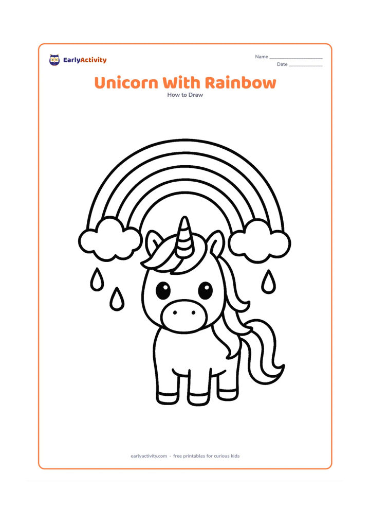 Worksheet: A front-facing unicorn standing beneath a broad simple rainbow, with large eyes, a small horn, rounded body and flowing mane. Add two clouds and a few large raindrops around the rainbow…