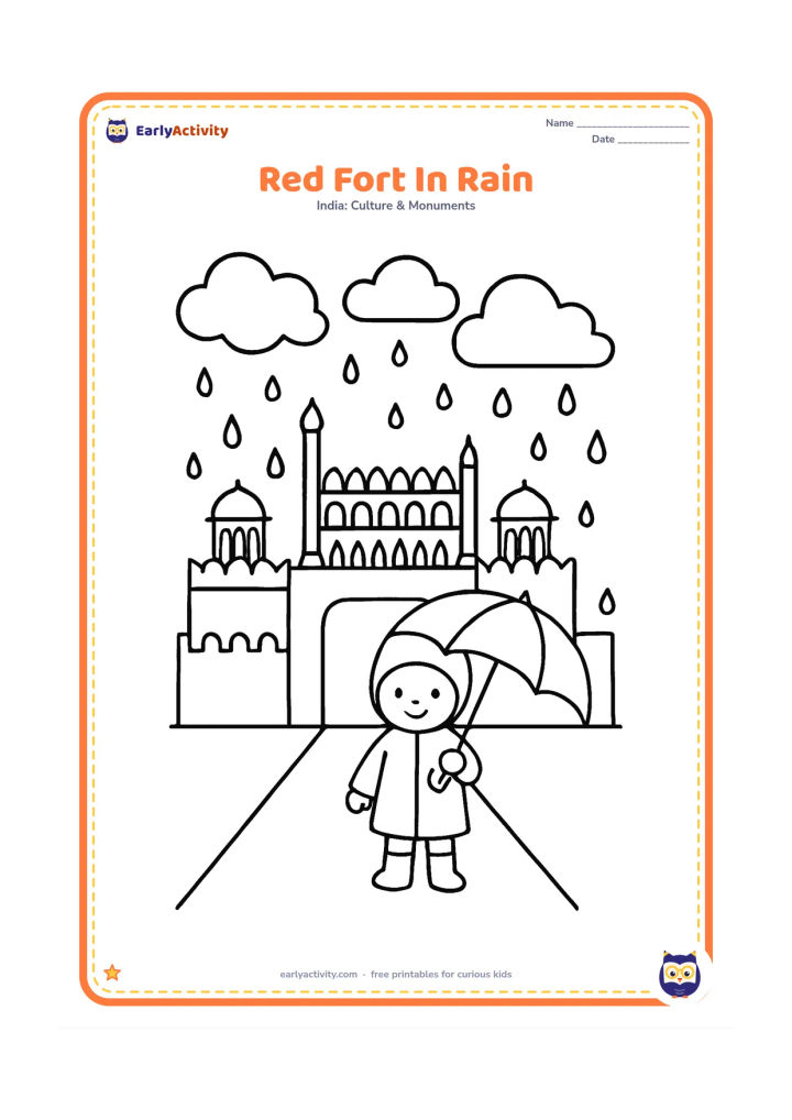 Colouring page: Draw the Red Fort with a broad gate, domes and wall beneath large raindrops and clouds. A child in a raincoat holds an umbrella on the pathway in front.