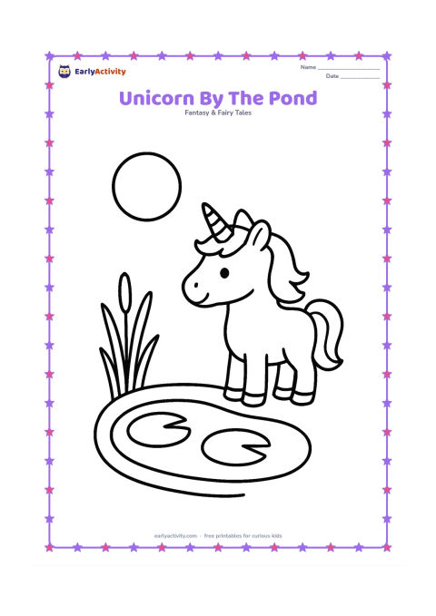 Colouring page: Draw one unicorn standing beside a simple oval pond with two large lily pads, a round sun, and a few tall reeds. Show the unicorn looking toward the water.