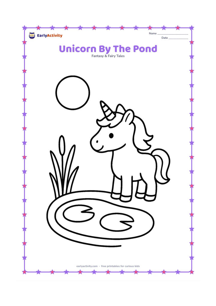Colouring page: Draw one unicorn standing beside a simple oval pond with two large lily pads, a round sun, and a few tall reeds. Show the unicorn looking toward the water.