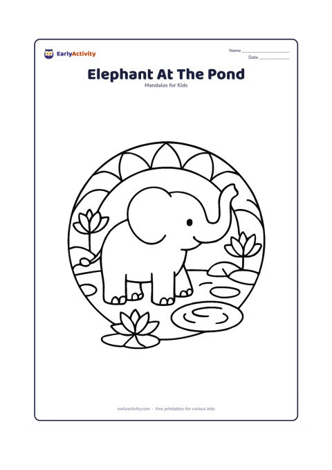 Colouring page: A friendly elephant stands in the centre of a round mandala, lifting its trunk toward a pond. Surround it with large lotus flowers, broad leaves, simple water ripples and evenly repeated…