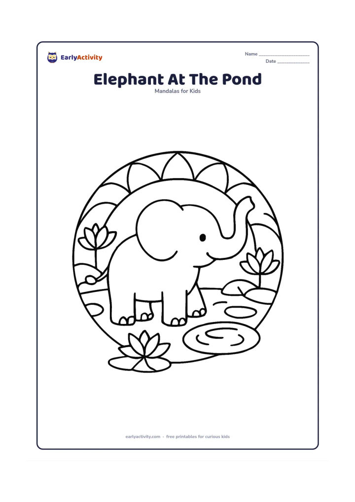 Colouring page: A friendly elephant stands in the centre of a round mandala, lifting its trunk toward a pond. Surround it with large lotus flowers, broad leaves, simple water ripples and evenly repeated…