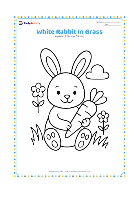 Colouring page: Draw a cheerful white rabbit sitting upright in a patch of grass, holding one large carrot. Add two simple flowers and a rounded cloud in the background.