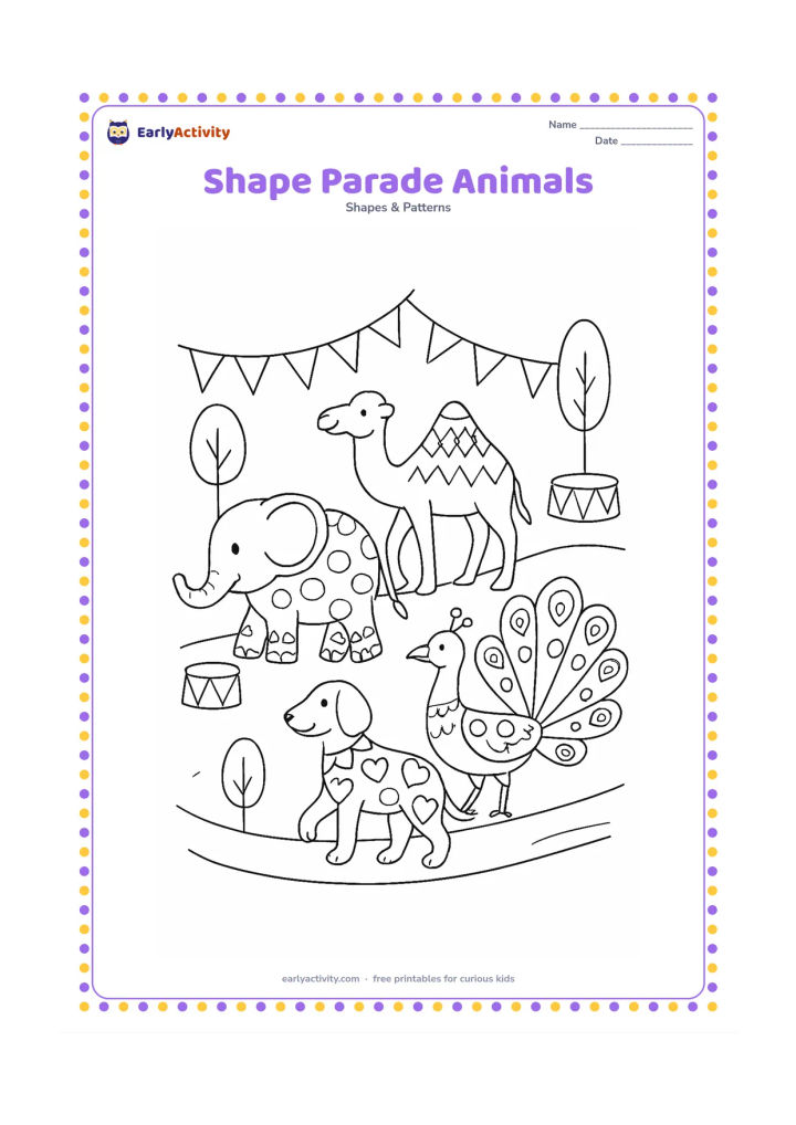 Colouring page: Draw a friendly parade of an elephant, camel, peacock and dog, each decorated with different repeating shapes such as circles, diamonds, triangles and hearts. Place them on a curved road…