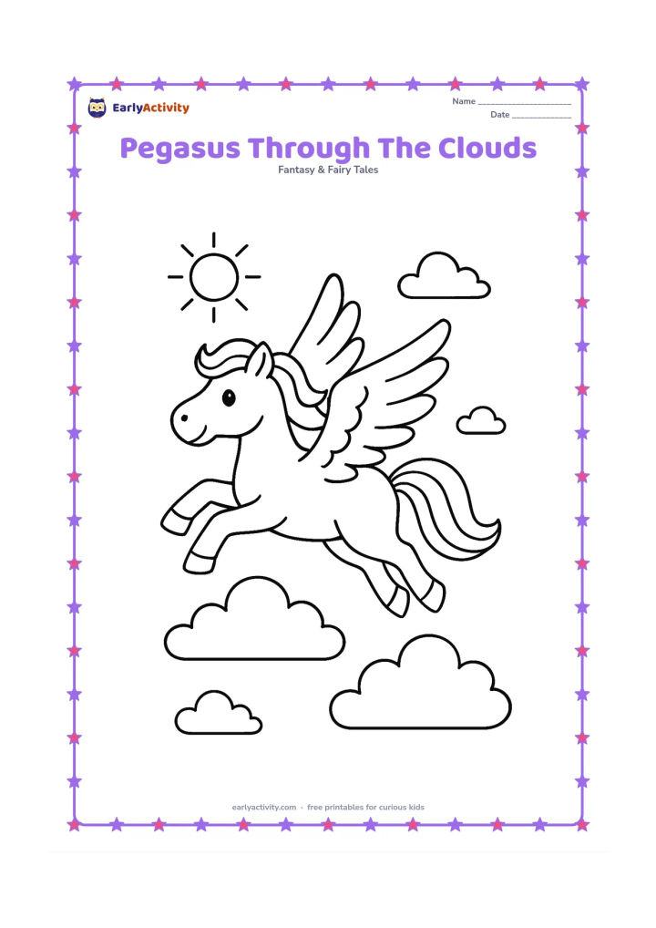 Colouring page: Draw a pegasus flying diagonally upward through several puffy clouds, with its wings spread and tail streaming behind. Add a distant sun and a few small cloud shapes to suggest height.