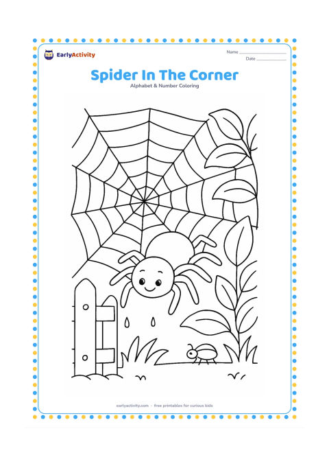 Colouring page: A friendly spider climbs across a large web stretched between a garden fence and a leafy plant. Show all eight legs, several web rings, dew drops and a small beetle in the distance, with…