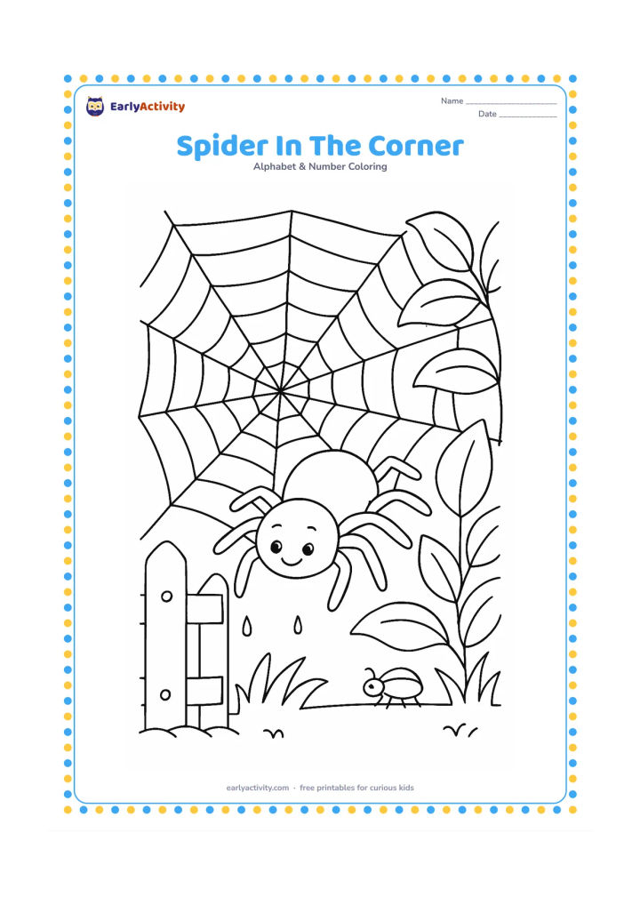 Colouring page: A friendly spider climbs across a large web stretched between a garden fence and a leafy plant. Show all eight legs, several web rings, dew drops and a small beetle in the distance, with…