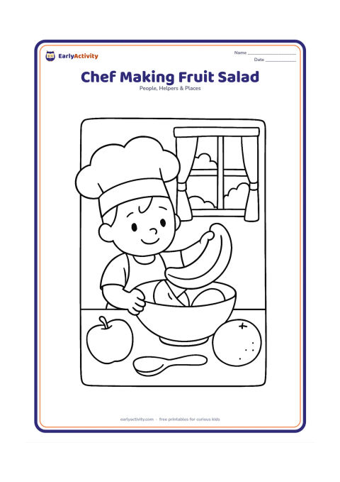 Colouring page: A child chef tips large pieces of banana, apple, and orange into a bowl. Show a spoon, a few whole fruits, and a cheerful kitchen window.