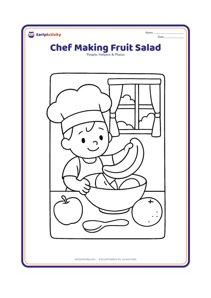 Colouring page: A child chef tips large pieces of banana, apple, and orange into a bowl. Show a spoon, a few whole fruits, and a cheerful kitchen window.