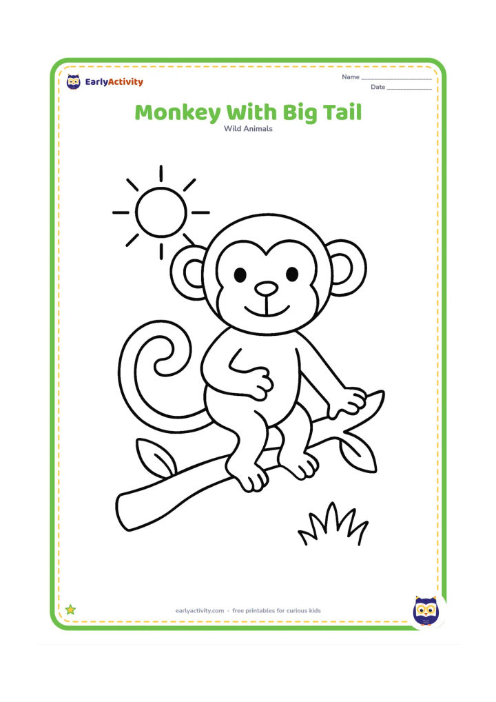 Colouring page: Draw one monkey standing on a low branch while its long tail curls around the branch. Add a sun, two leaves and a small patch of grass below.