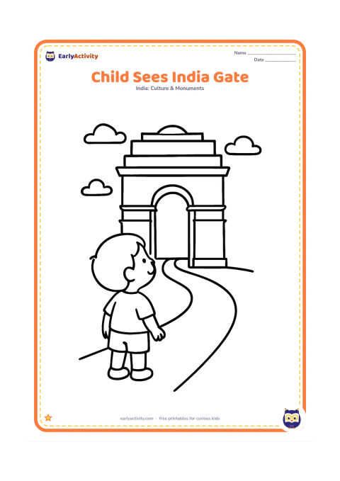 Colouring page: Show a small child standing in the foreground and looking up at India Gate, with a simple path leading toward the arch. Add only a few cloud shapes.