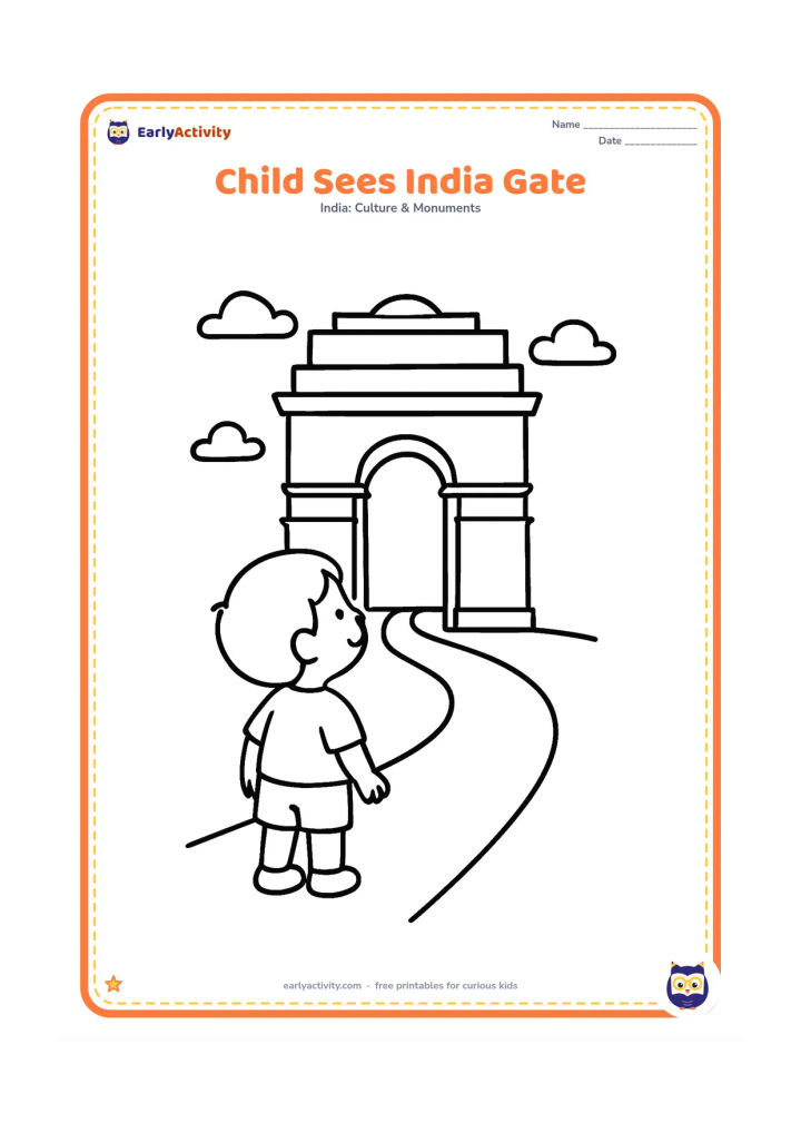 Colouring page: Show a small child standing in the foreground and looking up at India Gate, with a simple path leading toward the arch. Add only a few cloud shapes.