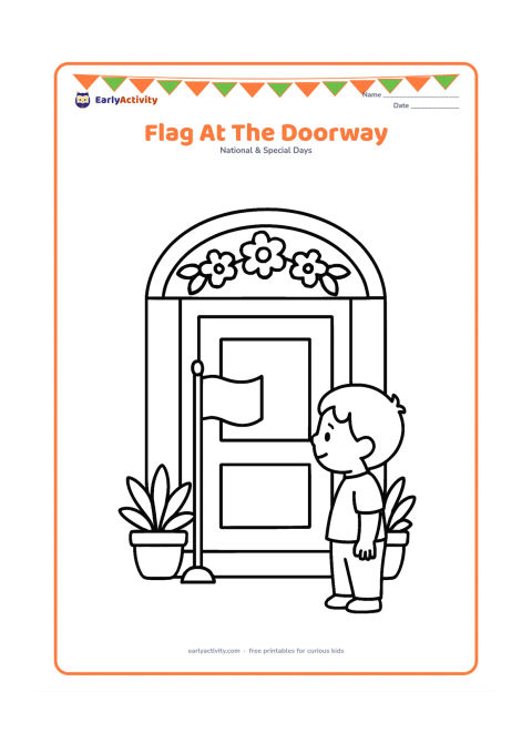 Colouring page: Draw a decorated Indian home entrance with a small flag on a respectful stand, a flower garland around the doorway and two potted plants. Include a child looking at the display from the…