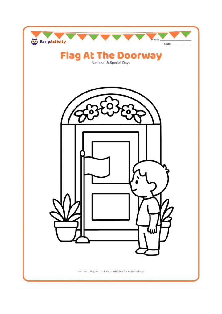 Colouring page: Draw a decorated Indian home entrance with a small flag on a respectful stand, a flower garland around the doorway and two potted plants. Include a child looking at the display from the…