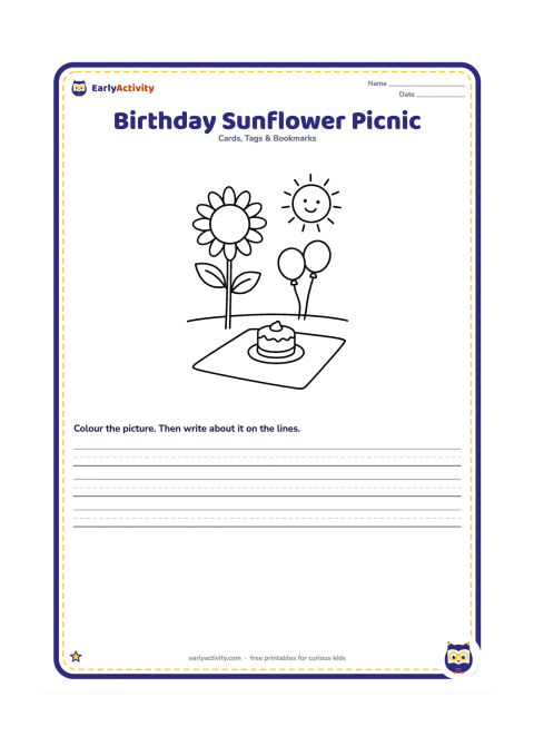 Worksheet: Draw a large sunflower beside a picnic blanket holding one cake and two balloons. Show a bright sun in the corner and leave the blanket pattern-free.