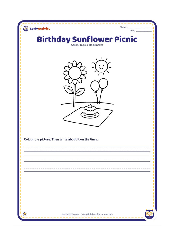 Worksheet: Draw a large sunflower beside a picnic blanket holding one cake and two balloons. Show a bright sun in the corner and leave the blanket pattern-free.