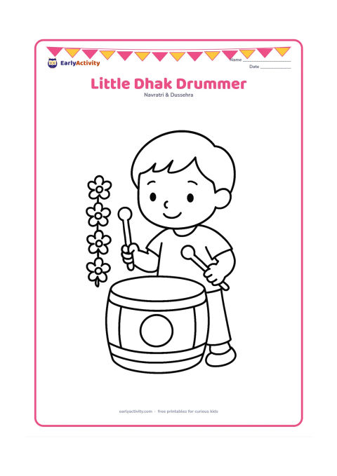 Colouring page: A young child plays a large dhak drum with two sticks while standing beside a simple flower garland. Show the drum clearly from the front and leave plenty of blank space around the child.