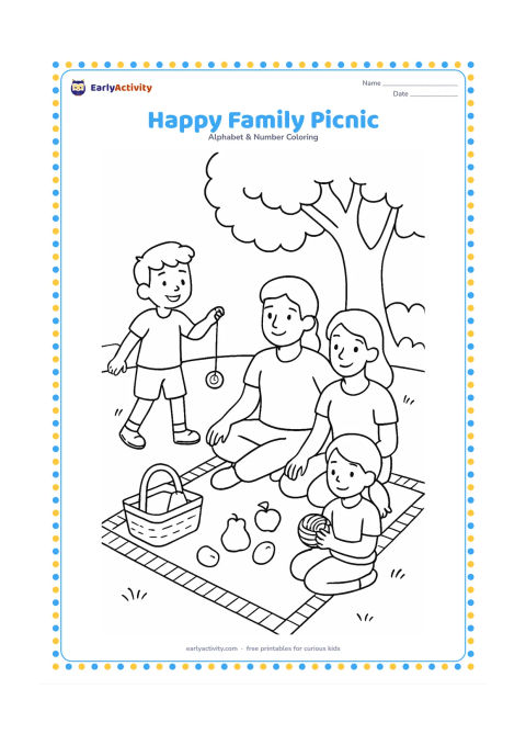Colouring page: Draw a family having a daytime picnic under a tree, with a child playing yo-yo, another child holding yarn, a basket, fruit, and a blanket with simple geometric borders.