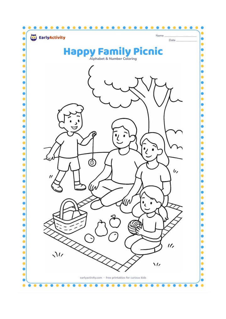 Colouring page: Draw a family having a daytime picnic under a tree, with a child playing yo-yo, another child holding yarn, a basket, fruit, and a blanket with simple geometric borders.
