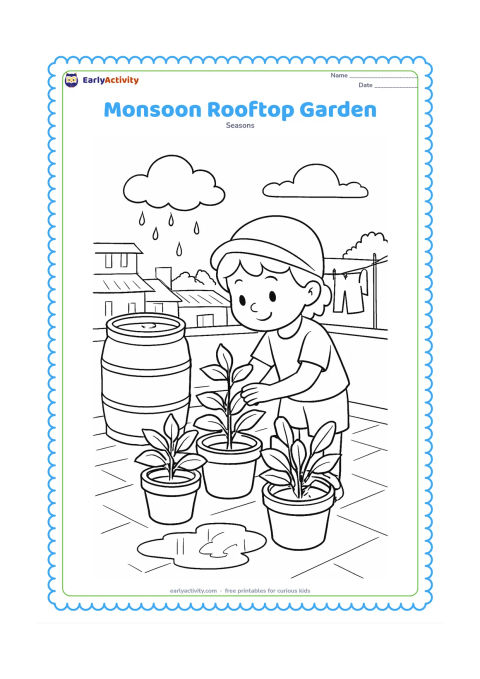 Colouring page: A child checks leafy plants in pots on a rooftop after rain, with collected rainwater in a barrel and a small puddle reflecting the cloudy sky. Show nearby Indian rooftops, a clothesline…