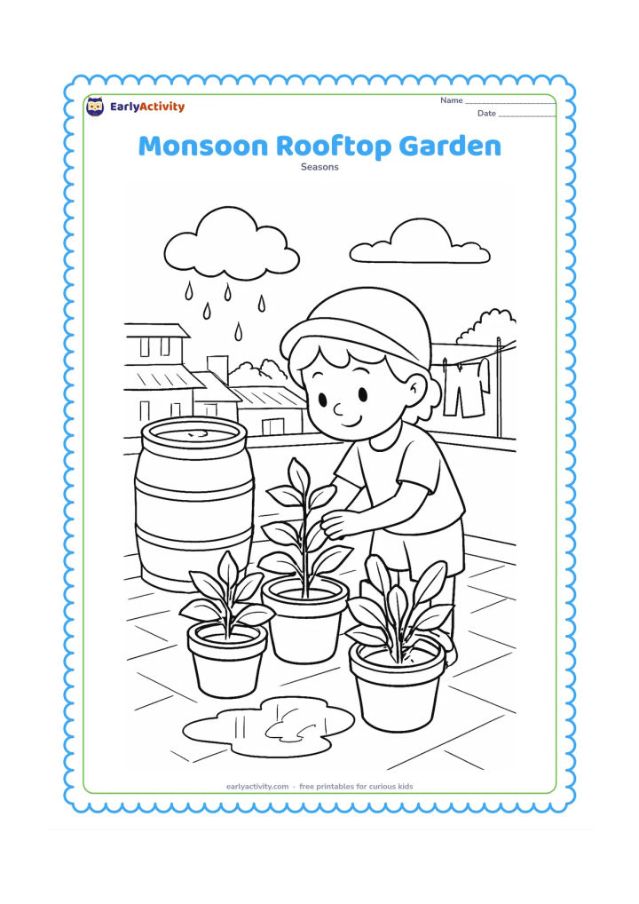 Colouring page: A child checks leafy plants in pots on a rooftop after rain, with collected rainwater in a barrel and a small puddle reflecting the cloudy sky. Show nearby Indian rooftops, a clothesline…