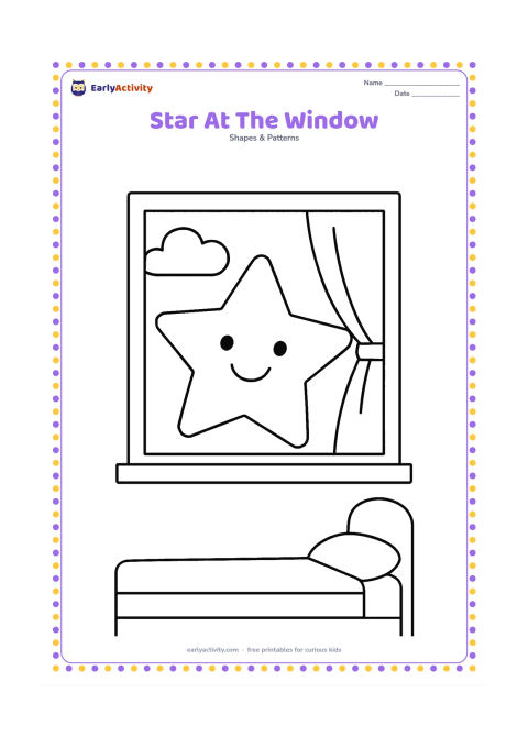 Colouring page: A large smiling five-point star appears outside a simple bedroom window, with a broad curtain, a bed edge and one rounded cloud.
