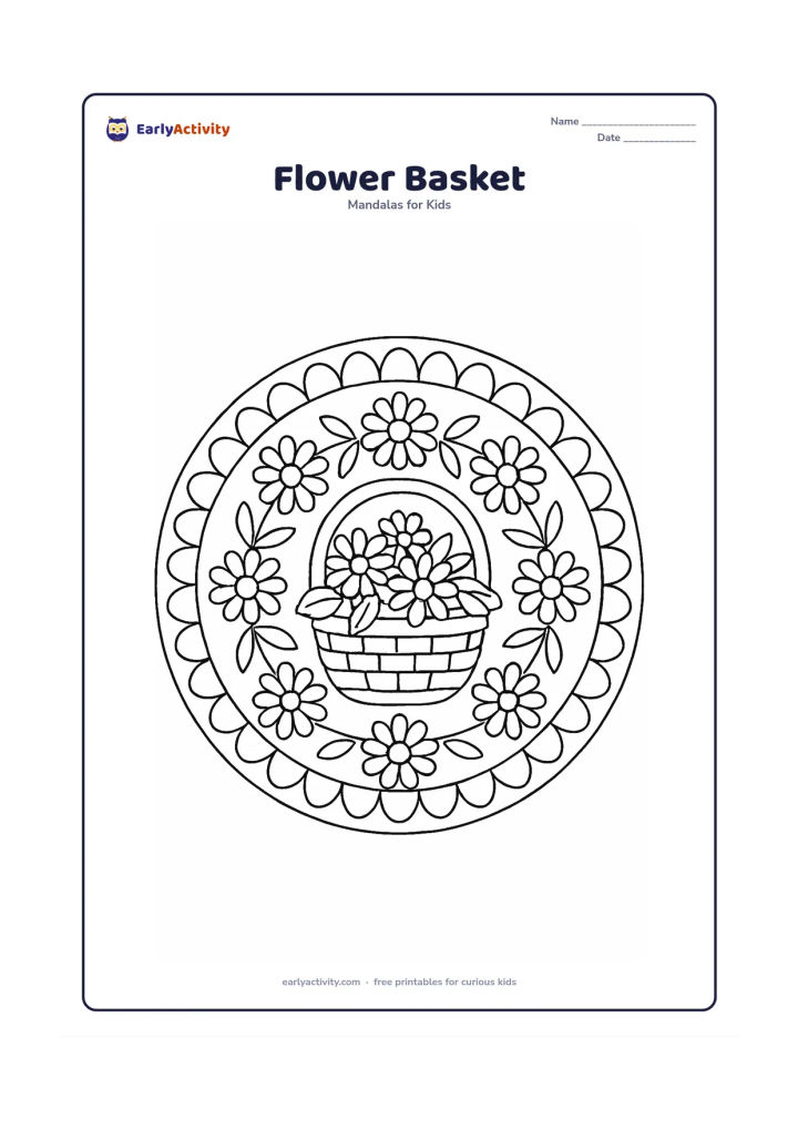 Colouring page: A circular mandala with a woven flower basket in the centre, surrounded by repeated daisies, leaves and rounded basket handles. Include a balanced ring of simple petals around the outside.