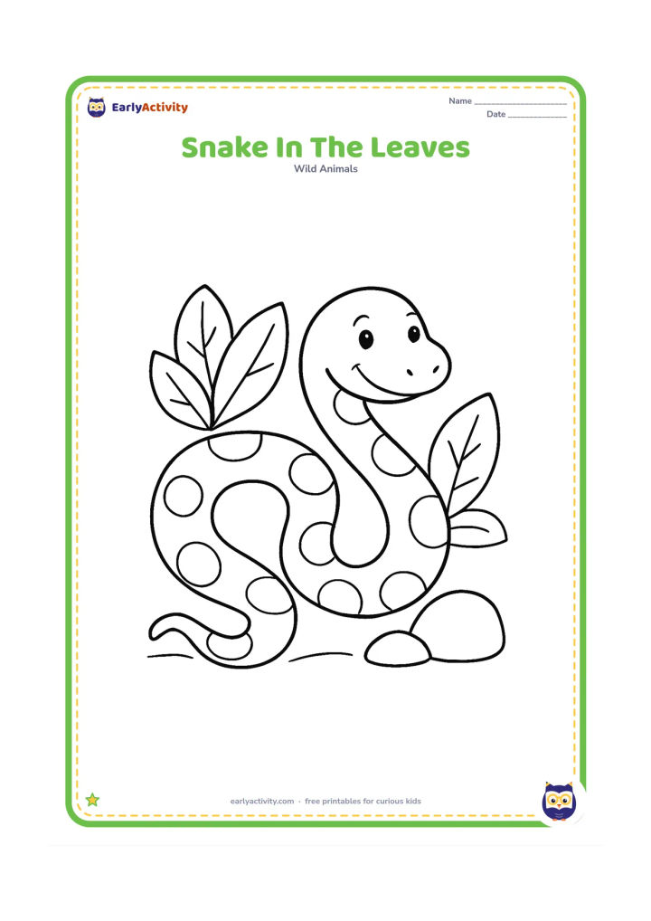 Colouring page: A friendly non-threatening snake makes a wide looping curve across the ground, with its head raised gently. Place it among three big leaves and a rounded rock.