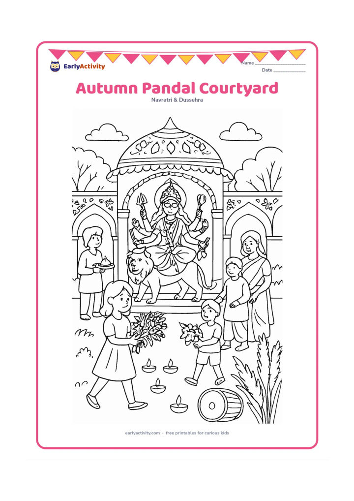 Colouring page: A detailed autumn Puja courtyard includes a Durga idol beneath a decorated canopy, families visiting, children carrying flowers, white kash grass, trees, diyas, a dhak, and patterned…