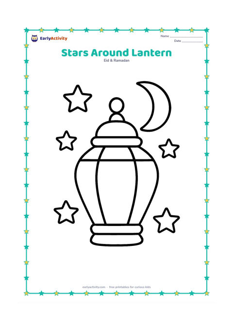 Colouring page: A large hanging lantern is surrounded by five big five-pointed stars and a curved moon near the top of the page.