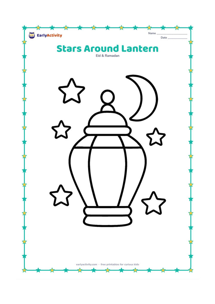 Colouring page: A large hanging lantern is surrounded by five big five-pointed stars and a curved moon near the top of the page.