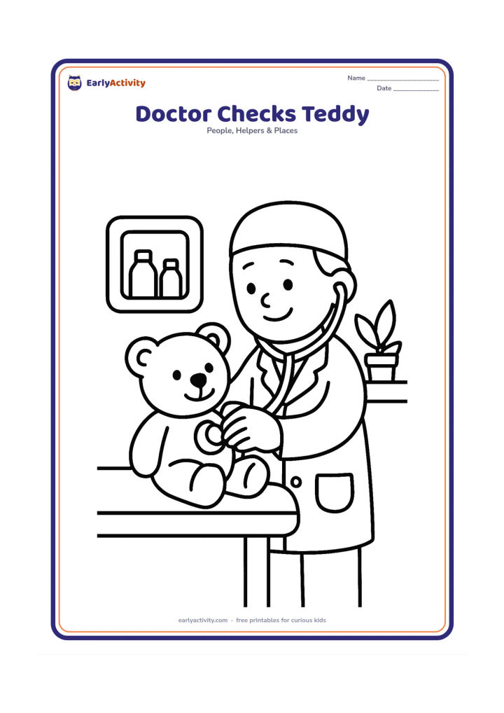 Colouring page: A smiling doctor gently examines a child's teddy bear in a small clinic room, with a stethoscope, examination table, medicine bottle shapes and a potted plant. Keep the doctor and teddy…
