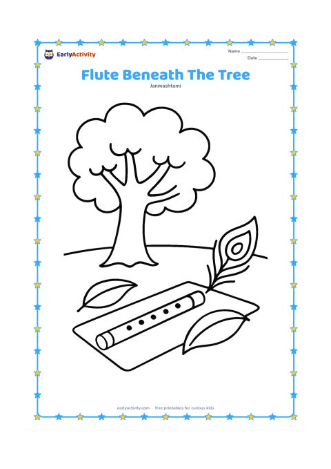 Colouring page: Draw a simple flute lying on a mat beneath a broad tree, with a peacock feather and two large fallen leaves beside it. Leave open sky and ground areas for free colouring.